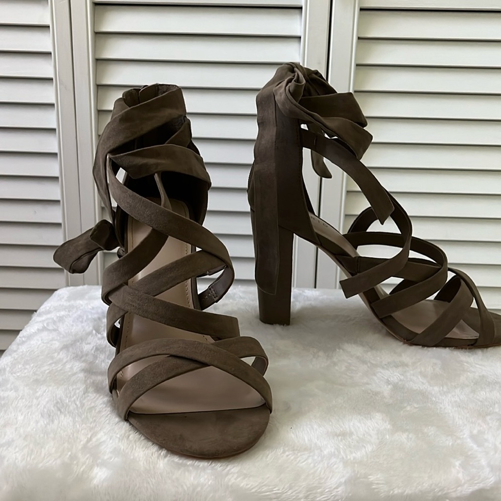 Final Markdown - Torrid Strappy Wrap Heel, Dark Taupe Faux Suede, Size 10W, NIB